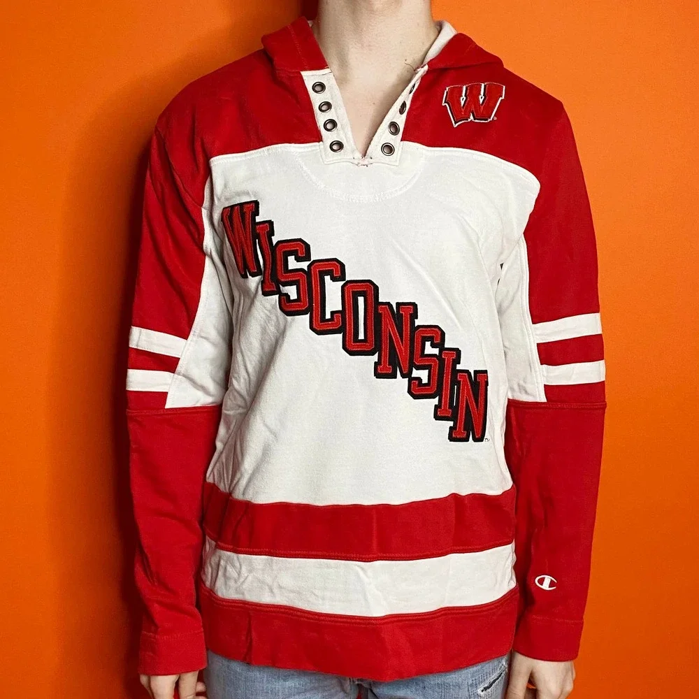 Champion Wisconsin Hockey Jersey Hooded Red White